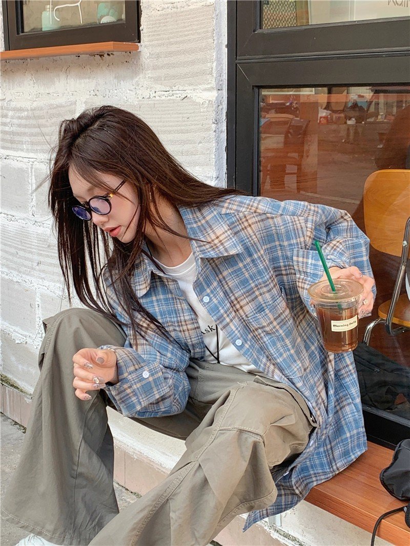 Vapetix S-2XL Grid shirt autumn design loose versatile casual plaids shirt coat ins – Bild 2