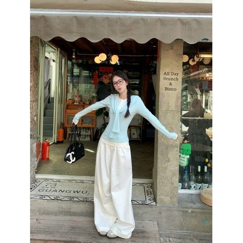 Vapetix S-XL Modal Cotton Spliced Fake Two-Piece T-shirt with Flowing Ribbon, Long Sleeves – Women's Spring Seas – Bild 4