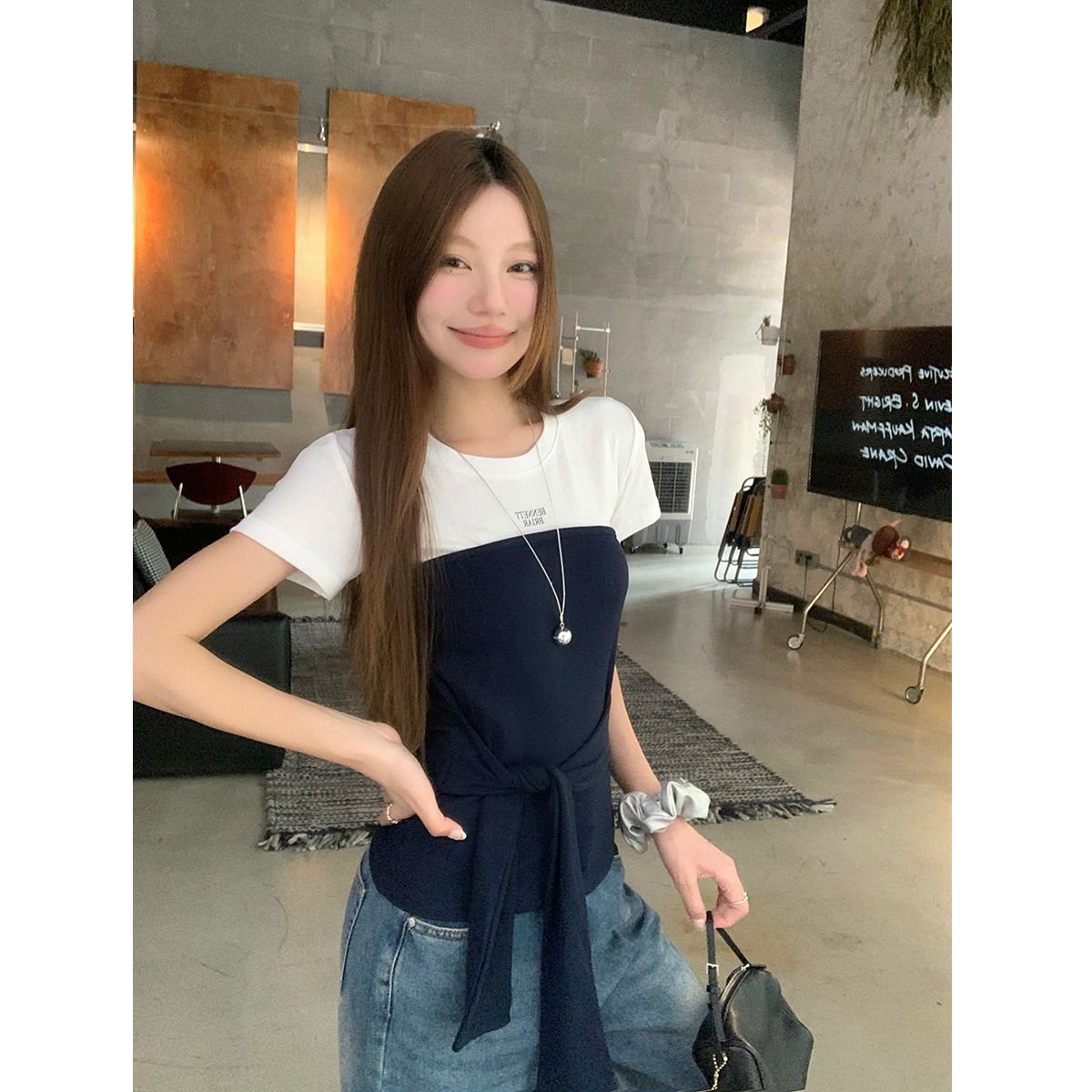 Vapetix S-XL 【40-ply Pure Cotton】Two-Tone Plaid Strap Short-Sleeve T-Shirt for Women - Summer Slimming & Stylish – Bild 5