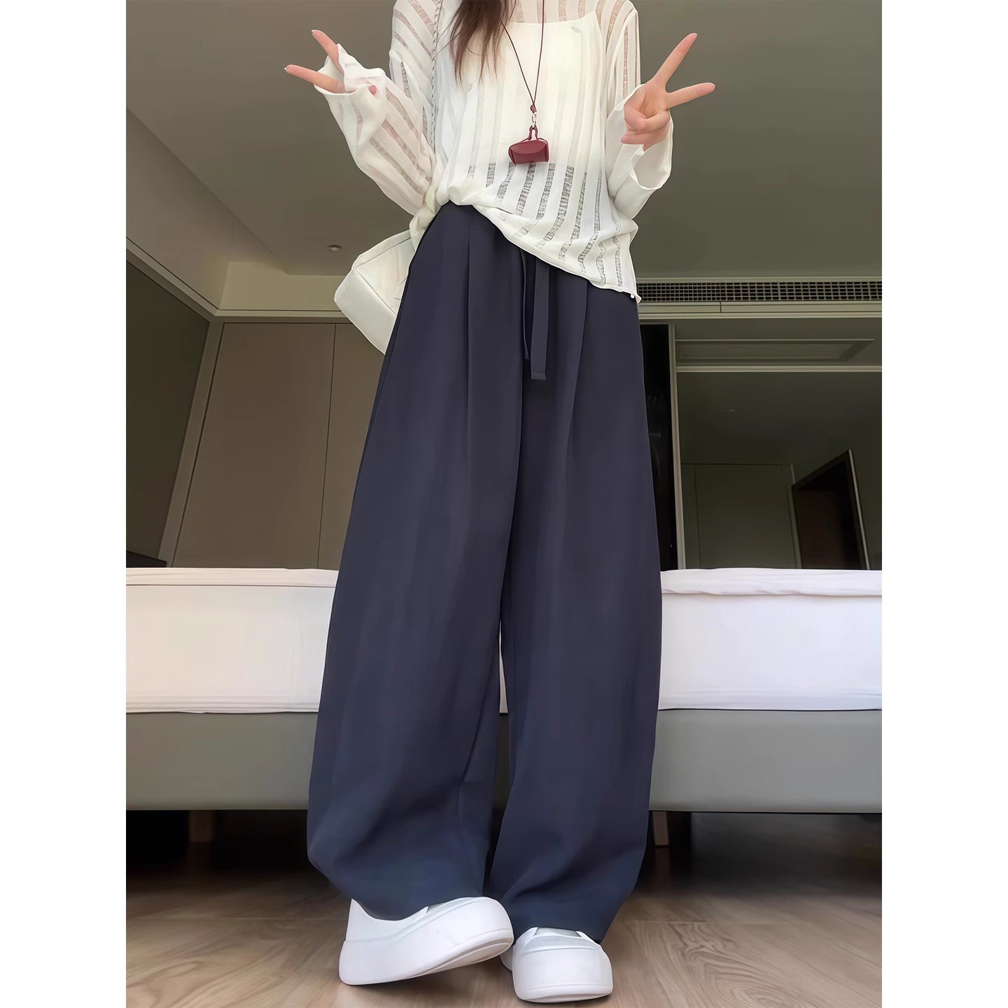 Vapetix S-2XL Dark blue linen-like Tencel wide-leg pants women's summer thin high-waisted slimming lazy loose cas – Bild 5