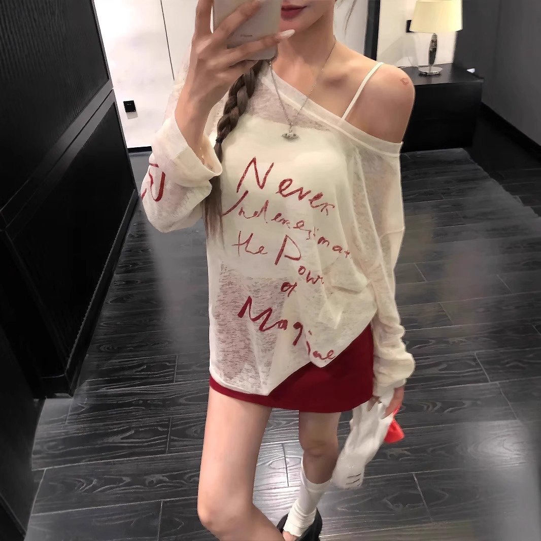 Vapetix S-XL MR【Cotton Linen Fabric】American Hot Girl Letter Print Sloping Shoulder Sun Protection Long Sleeve T - 图片 5