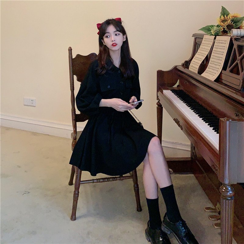 Vapetix S-2XL Women's A-line Long-sleeved Dress with Polo Neck and Drawstring Waist, Slimming for Petite Figures, - 图片 4