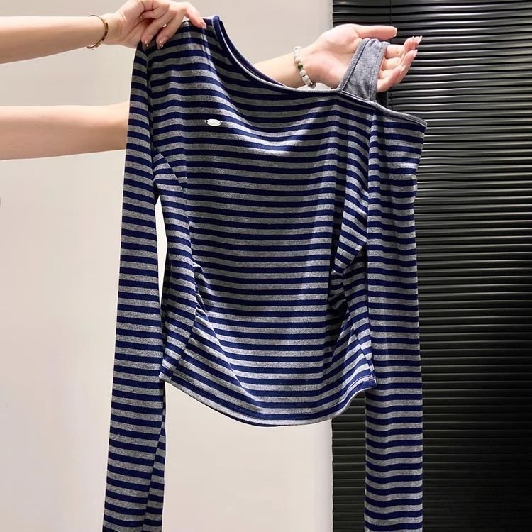 Vapetix S-XL New trendy slim-fit, figure-flattering asymmetrical-design base top—early autumn striped off-should – Bild 3