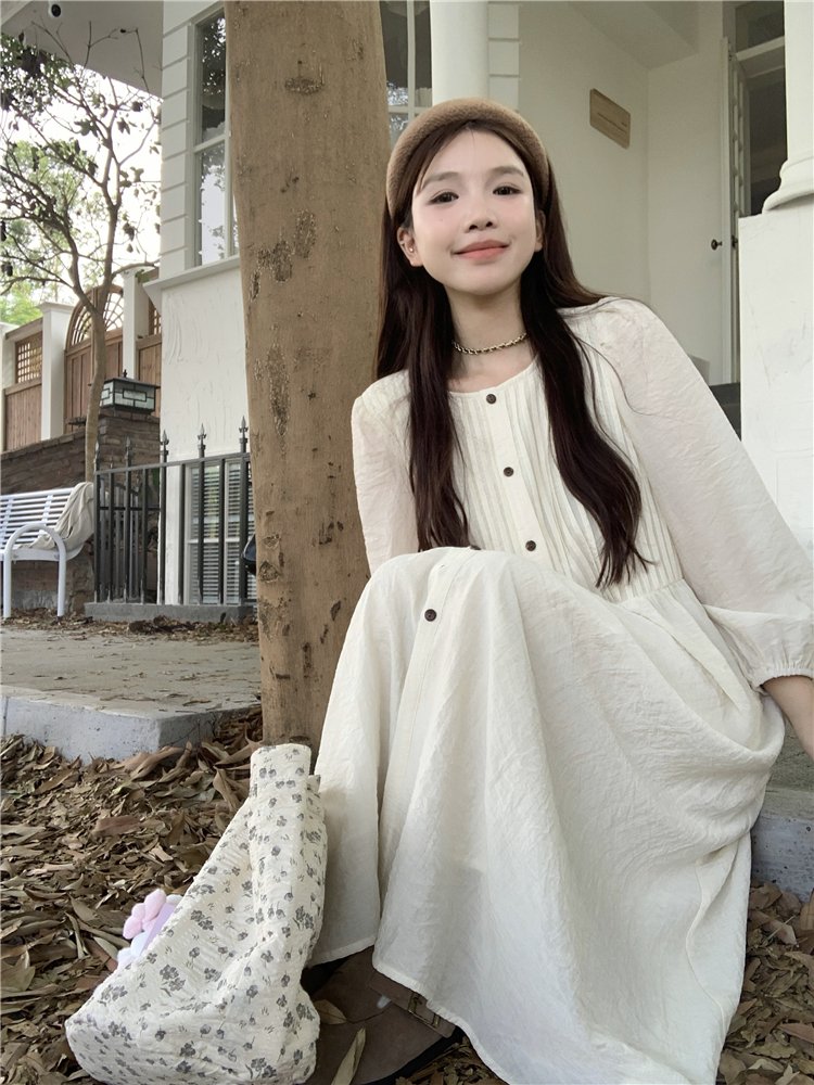 Vapetix S-2XL Women's New 2025 Autumn Folded Long Sleeve Dress with Design Sense High-Waist Loose Long A-Line Ski