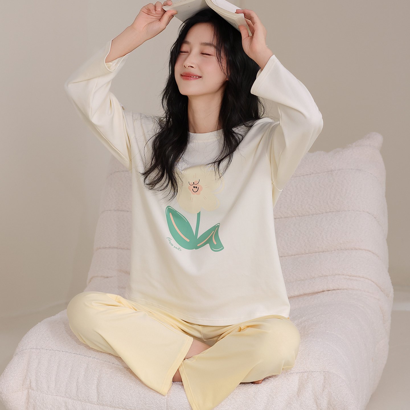 Vapetix M-XXL Qiao Mengran 2025 Autumn Pure Cotton Crew Neck Long Sleeve Pants Pajama Set for Women Casual Comfor – Bild 3