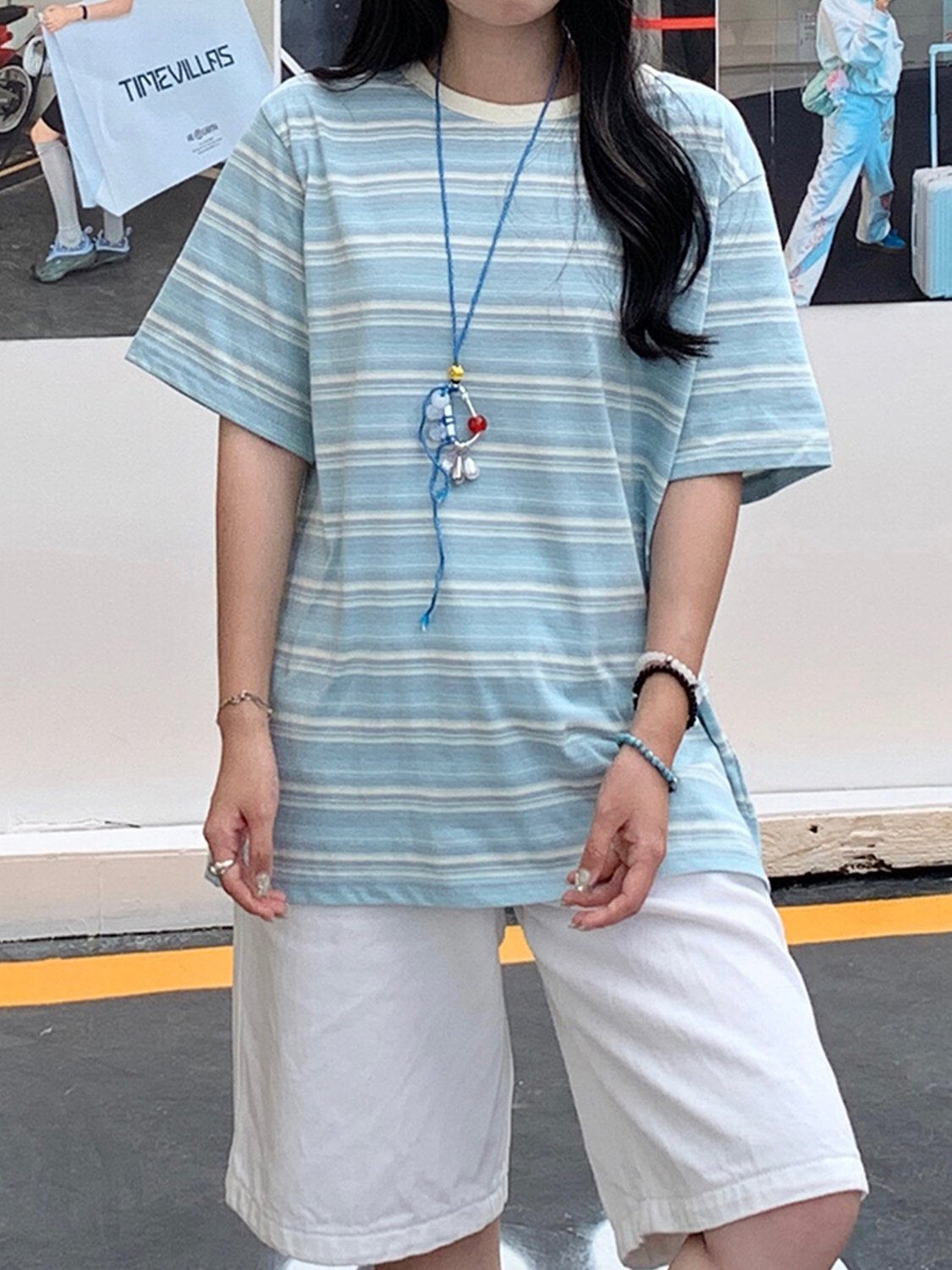 Vapetix S-L Oversized Crew Neck T-Shirt with Striped Color for Women - 2025 Spring and Summer Trendy Casual Han