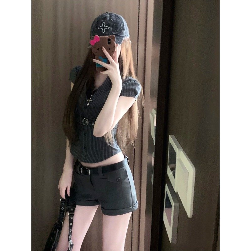 Vapetix S-XL MR【Original Color Weave Striped Shirt】Korean Petite Wear Striped Short-Sleeve Shirt with Gray Short – Bild 2