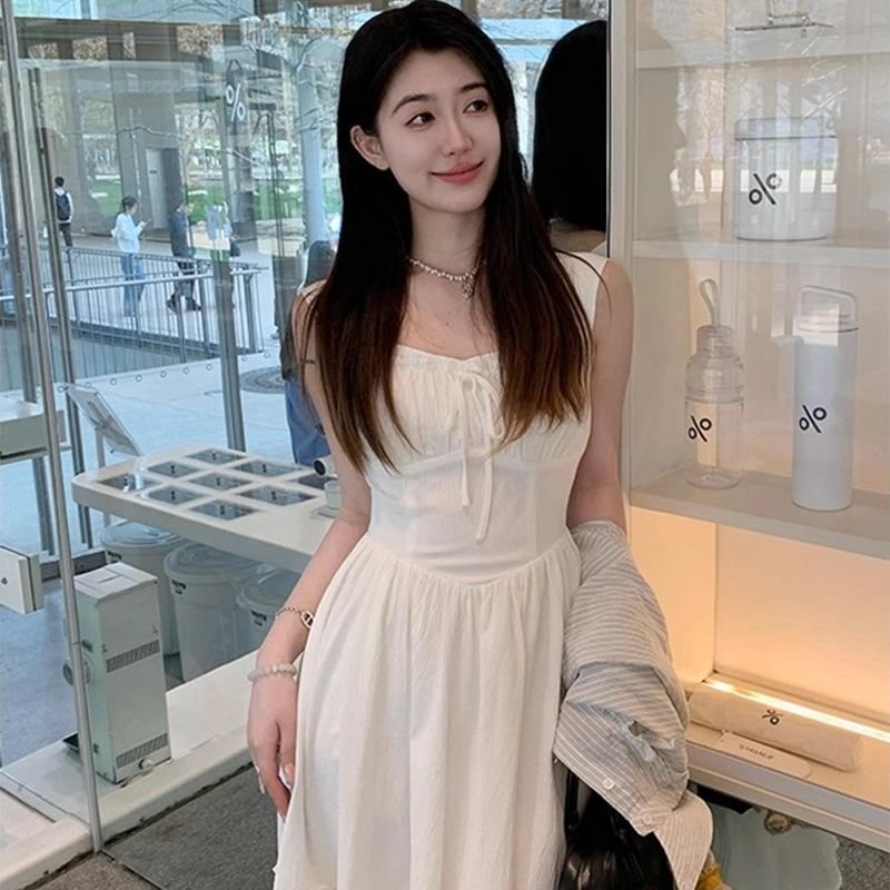 Vapetix S-2XL Small-size first love sweet and gentle square-neck white spaghetti-strap dress, French vacation sty – Bild 3