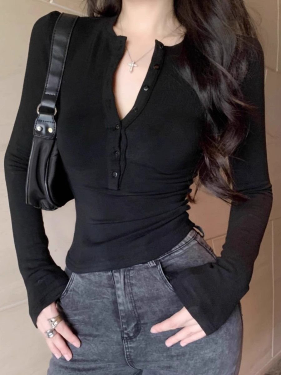 Vapetix S-XL Stylish Grey Half-Open Collar Long-Sleeve Women's T-Shirt for 2025 Autumn, Sexy, Fitted, Slimming, – Bild 2