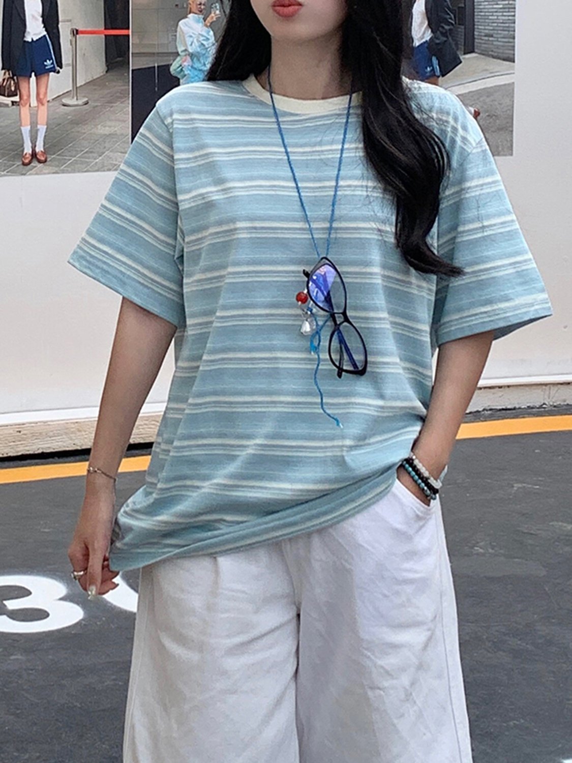 Vapetix S-L Oversized Crew Neck T-Shirt with Striped Color for Women - 2025 Spring and Summer Trendy Casual Han – Bild 2