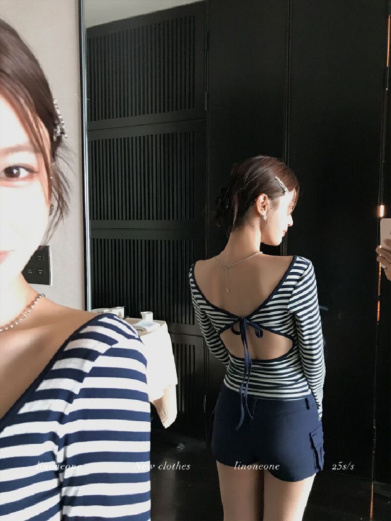 Vapetix S-XL Korean-style spicy girly-style strap-back U-neck long-sleeve T-shirt for women—autumn collection wi