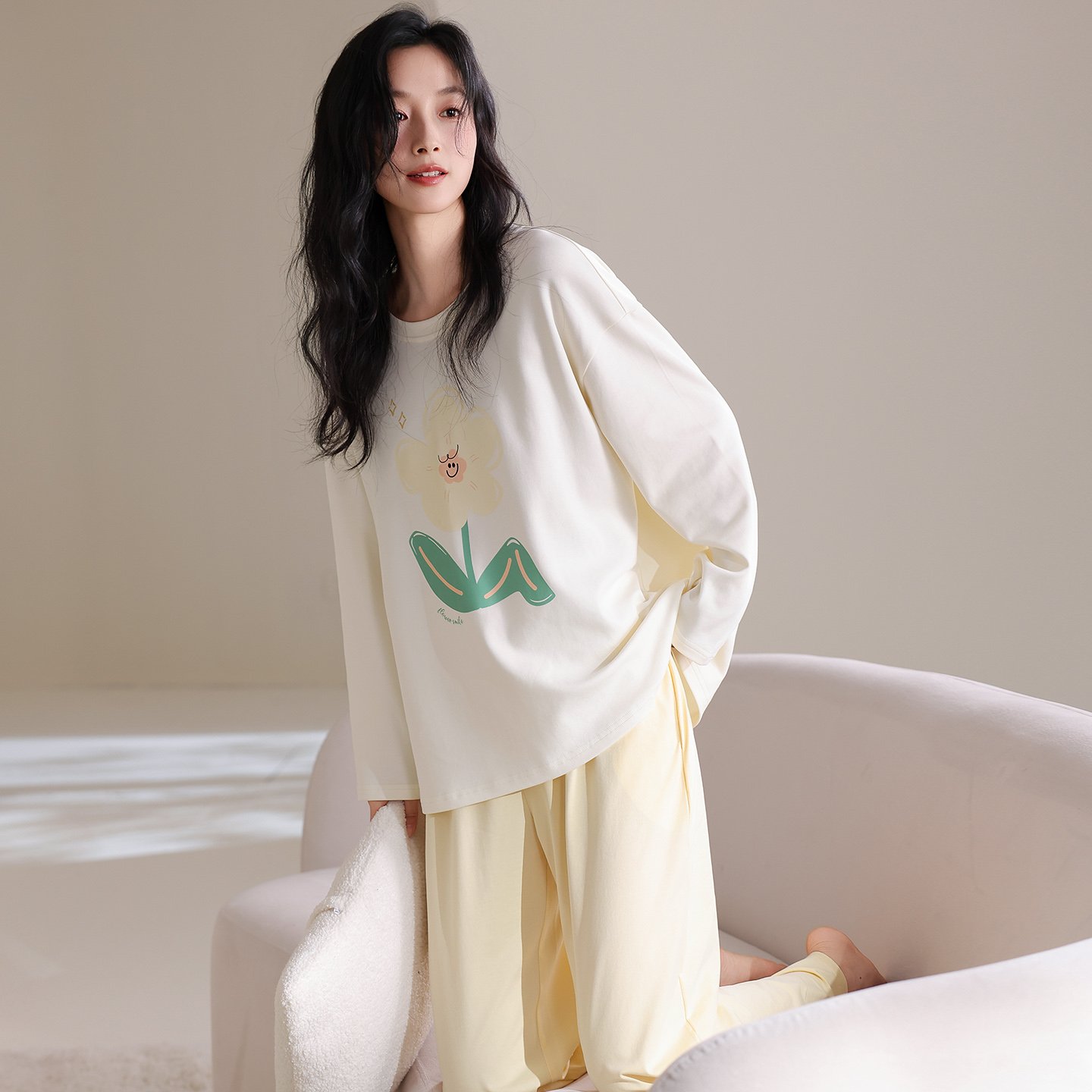 Vapetix M-XXL Qiao Mengran 2025 Autumn Pure Cotton Crew Neck Long Sleeve Pants Pajama Set for Women Casual Comfor – Bild 4