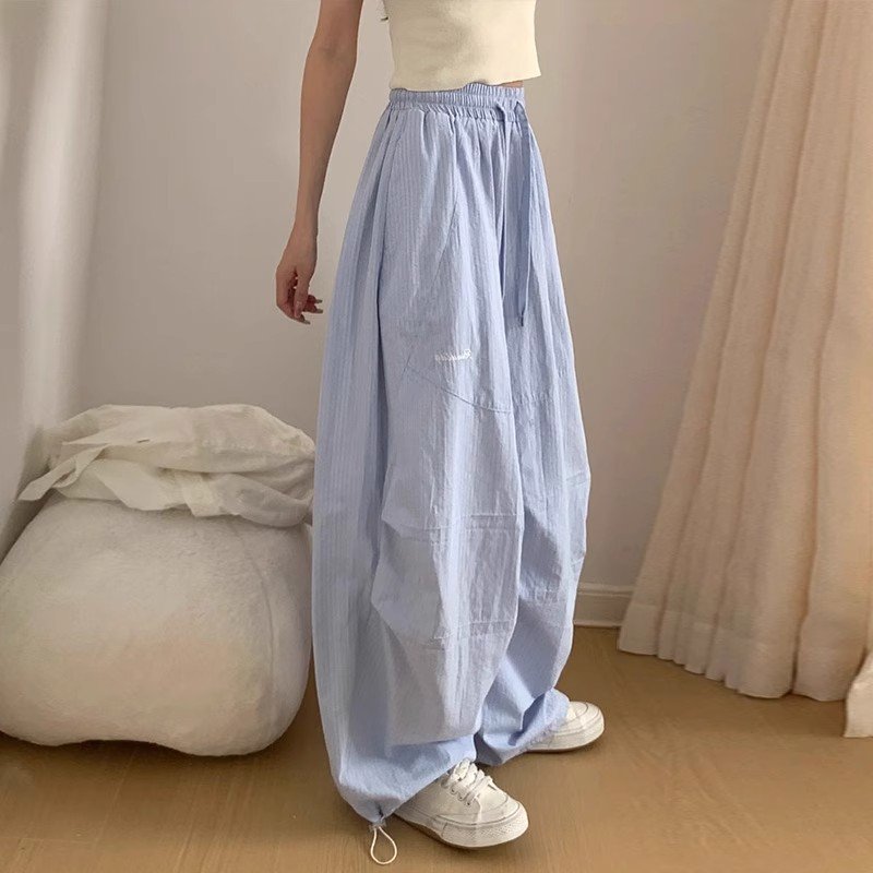 Vapetix S-2XL Women's 2025 Summer New Retro Light Blue Striped Casual Pants Wide Leg Loose Slimming Straight Leg – Bild 3