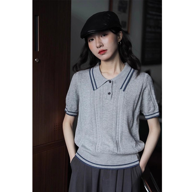 Vapetix Free Size-Free Size A stylish and unique short-sleeved knit T-shirt for women, featuring a versatile, color-blocked des - 图片 5