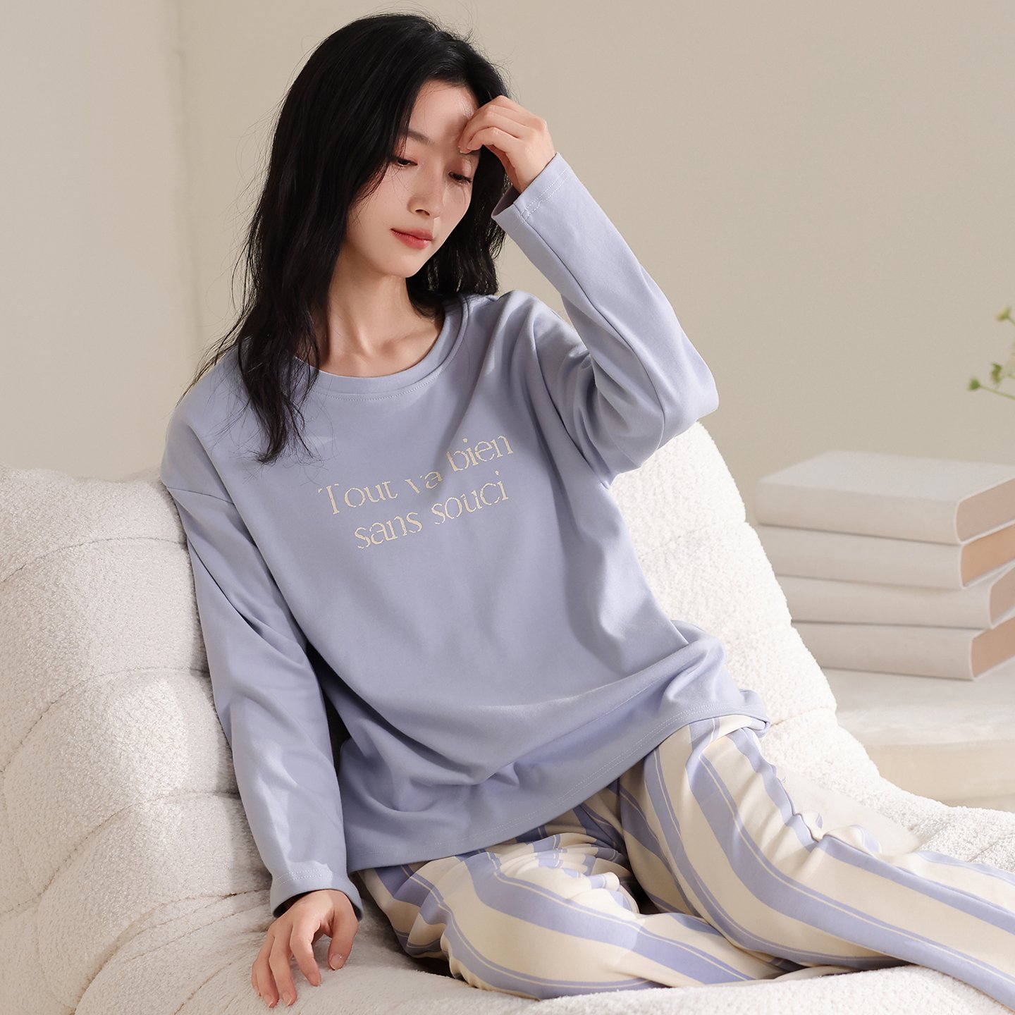 Vapetix M-XXL Qiao Mengran 2025 Autumn Pure Cotton Crew-Neck Long-Sleeve Long-Pants Pajama Set for Women – Casual – Bild 2