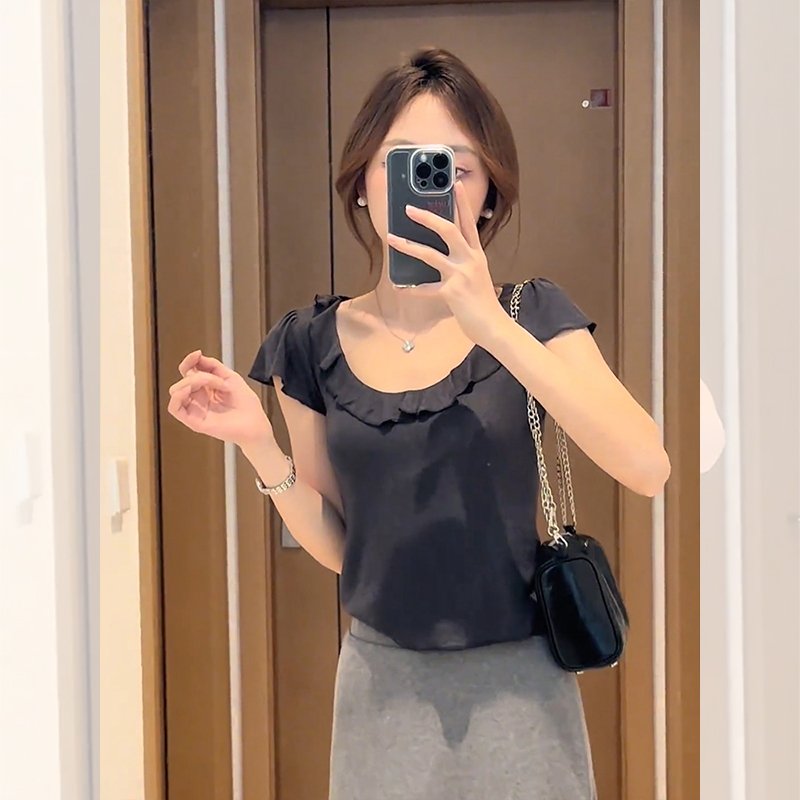 Vapetix S-XL MR【Original Quality】French Style Elegant Gray Ruffled Blouse Short Sleeve T-shirt Women's Summer De - 图片 2