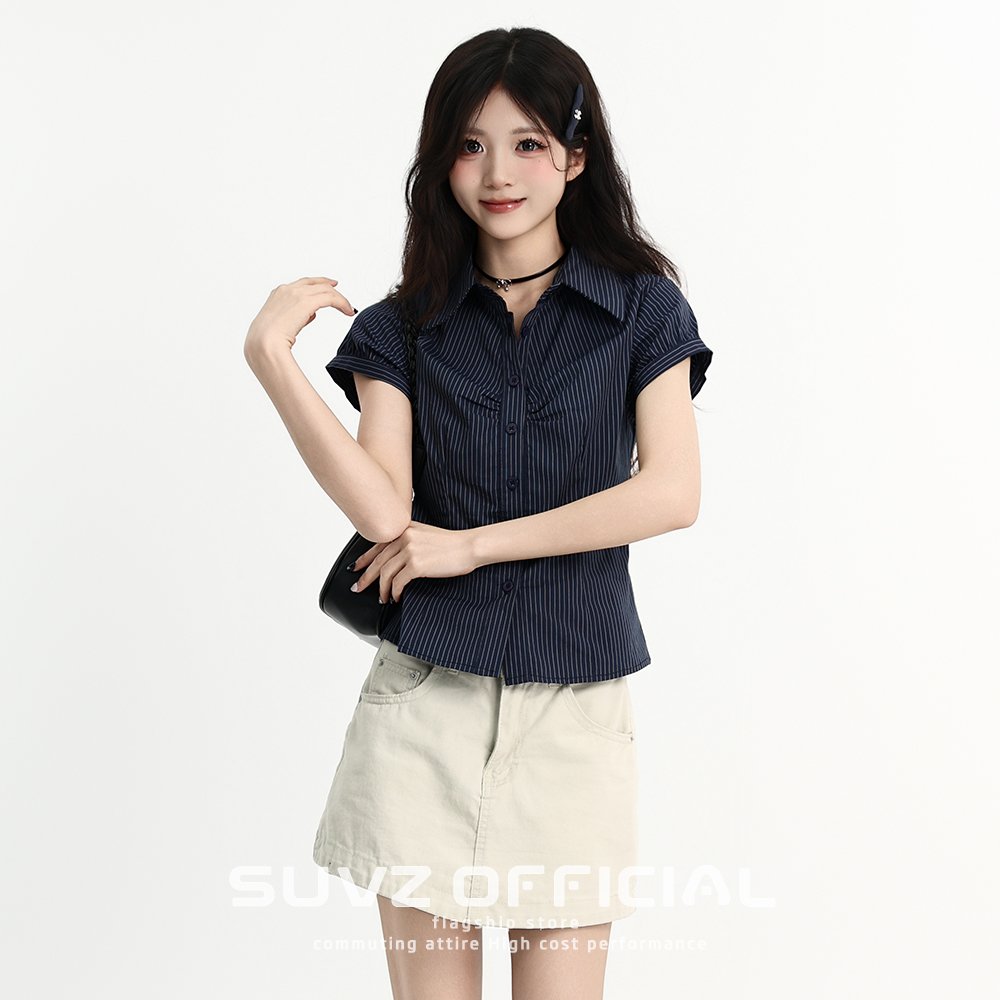 Vapetix S-XL MR【Original Fabric】Korean College Style Pleated Striped Polo Neck Short Sleeve Women's Summer Fitte – Bild 5