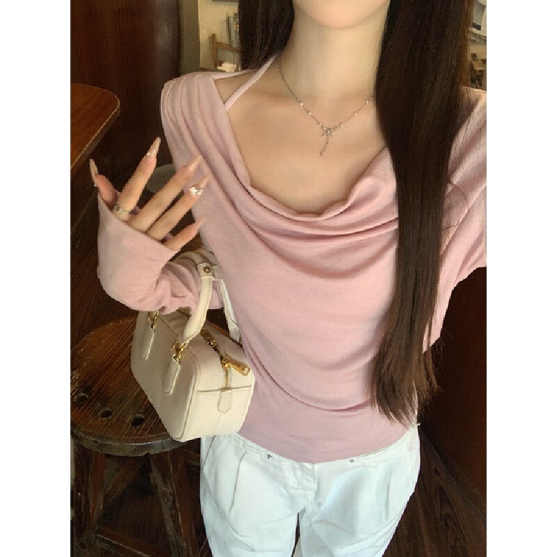 Vapetix S-XL Photographed Autumn Korean Pure Desire Swing Collar One-Shoulder Bodycon Neckline Pleated Long-Slee – Bild 4