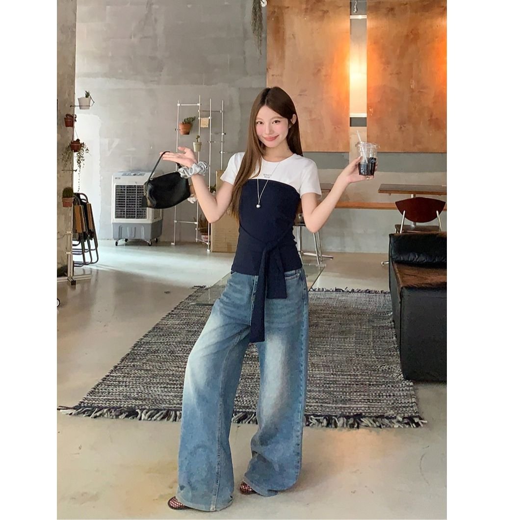 Vapetix S-XL 【40-ply Pure Cotton】Two-Tone Plaid Strap Short-Sleeve T-Shirt for Women - Summer Slimming & Stylish – Bild 2