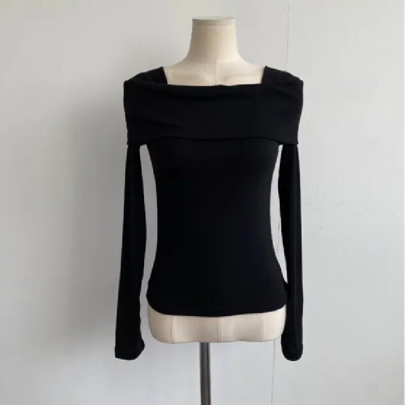 Vapetix Free Size-Free Size Korean chic autumn long-sleeved base shirt slim fit bone-revealing one-shoulder hidden detail T-shi – Bild 3