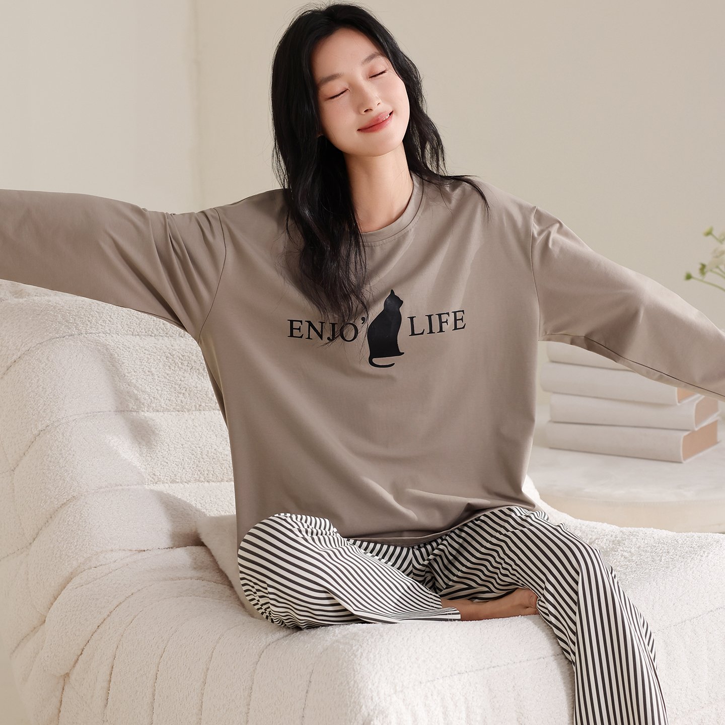 Vapetix M-XXL Qiao Mengran 2025 Autumn Pure Cotton Crew Neck Long Sleeve Pants Pajama Set for Women Casual Comfor – Bild 4