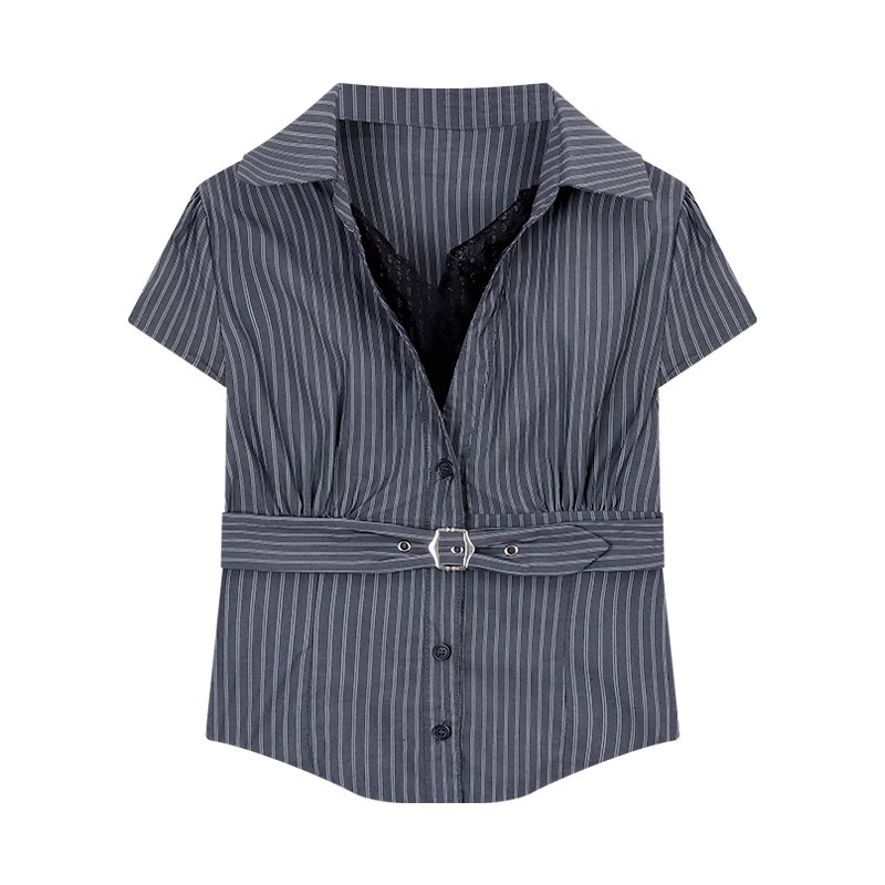 Vapetix S-XL MR【Original Color Woven Stripes】Lace Splicing White Polo Collar Short-Sleeve Women's Summer Fitted – Bild 2