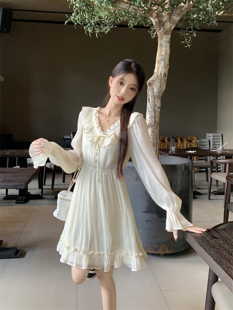 Vapetix S-2XL Gentle Breeze V-Neck Belted Long-Sleeve Dress for Women - Summer New Arrival French Chic Slimming M