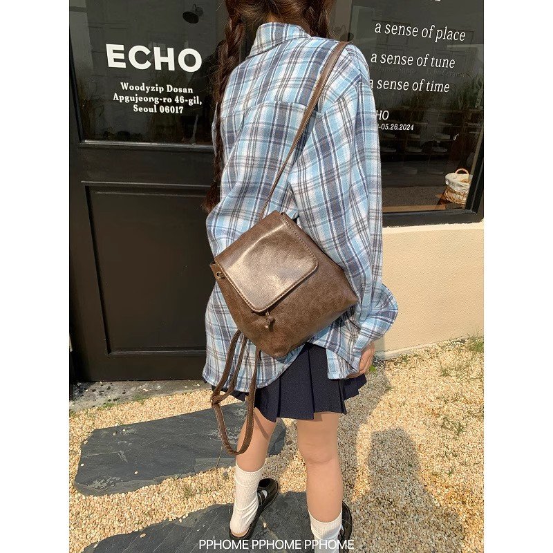 Vapetix S-2XL Women's early autumn loose and lazy blue checkered blouses with frayed edges