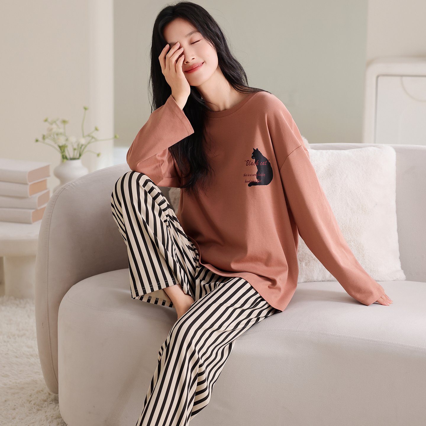 Vapetix M-XXL Women's Set of 2025 Autumn Pure Cotton Crew Neck Long Sleeve Long Pants Pajamas - Casual, Comfortab – Bild 2