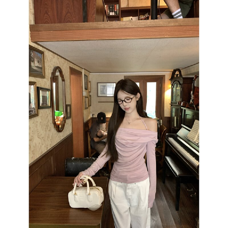 Vapetix S-XL Photographed Autumn Korean Pure Desire Swing Collar One-Shoulder Bodycon Neckline Pleated Long-Slee – Bild 5