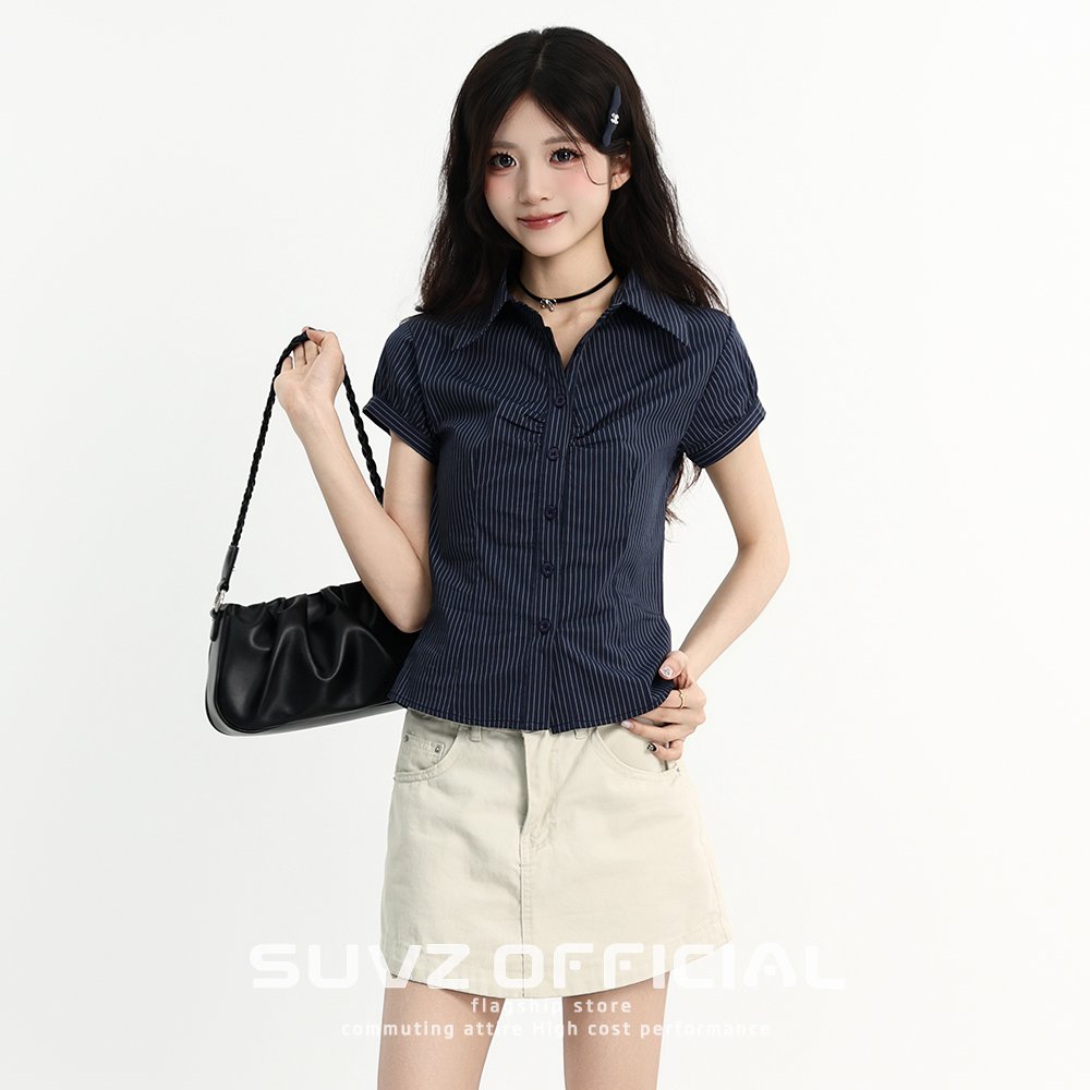 Vapetix S-XL MR【Original Fabric】Korean College Style Pleated Striped Polo Neck Short Sleeve Women's Summer Fitte