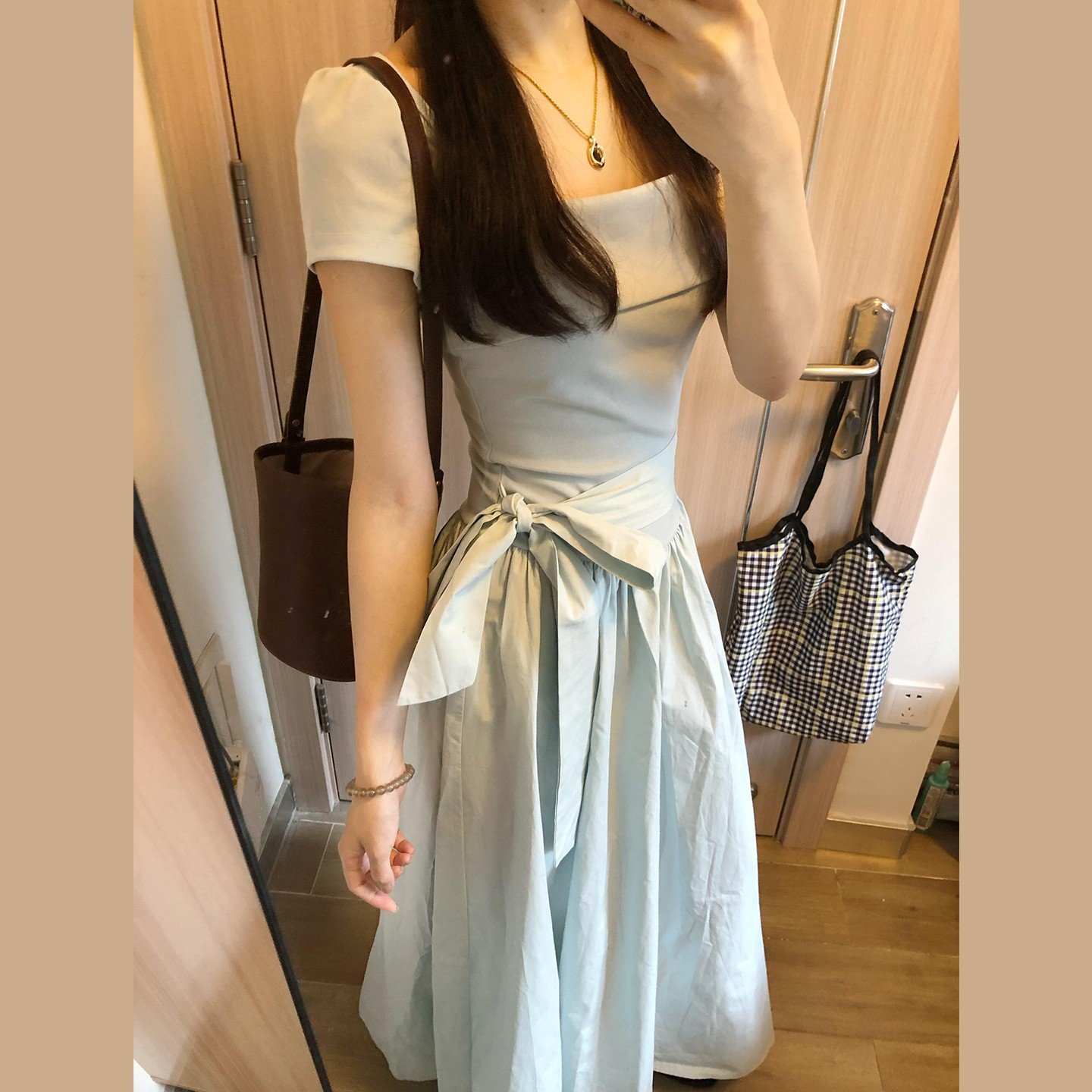 Vapetix S-XL French Gentle Style Square Collar Short Sleeve Dress for Women 2025 Summer New Arrival Waist Cinchi – Bild 2