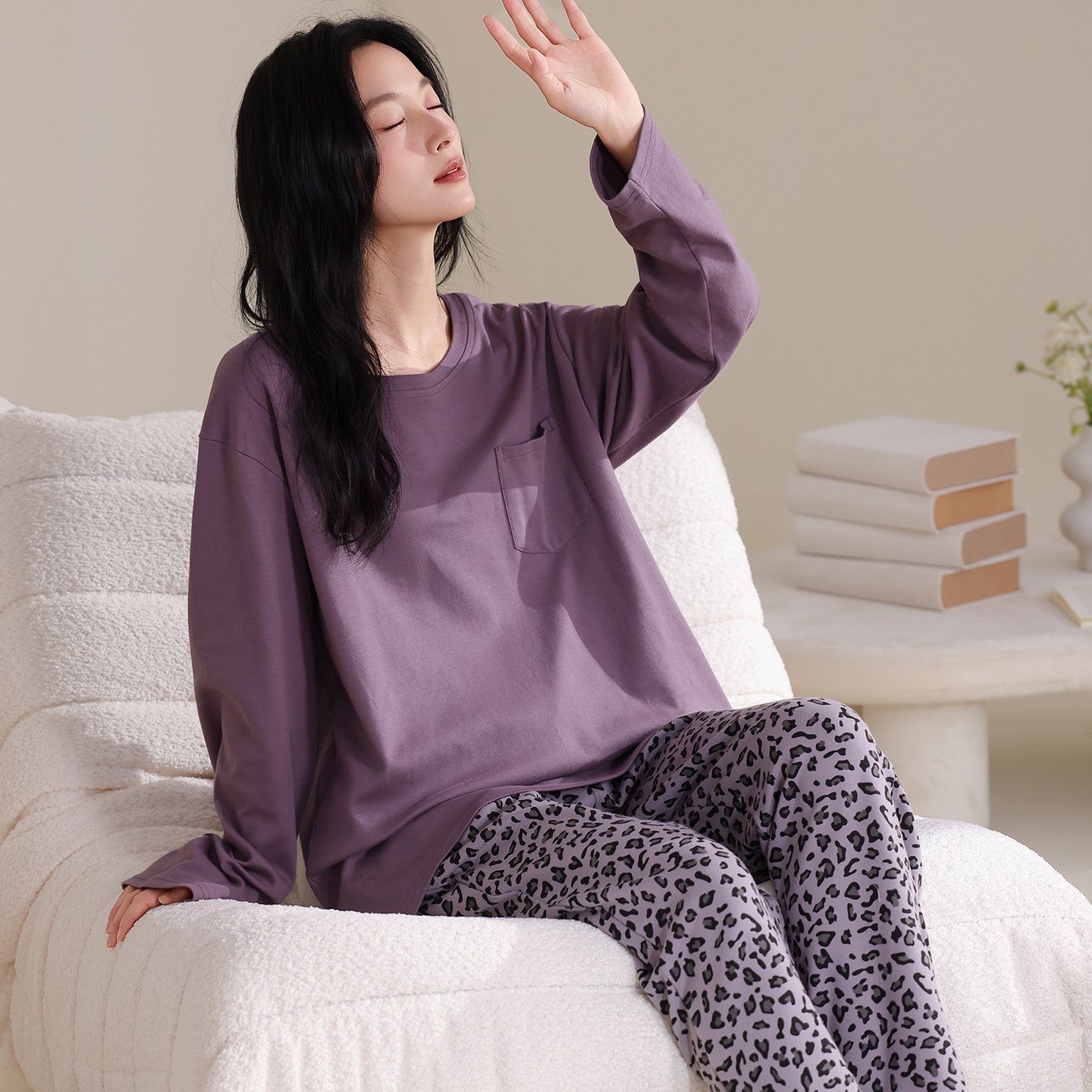 Vapetix M-XXL Women's 2025 Autumn Pure Cotton Crew Neck Long Sleeve Long Pants Pajama Set Casual Comfort Sweet Ho