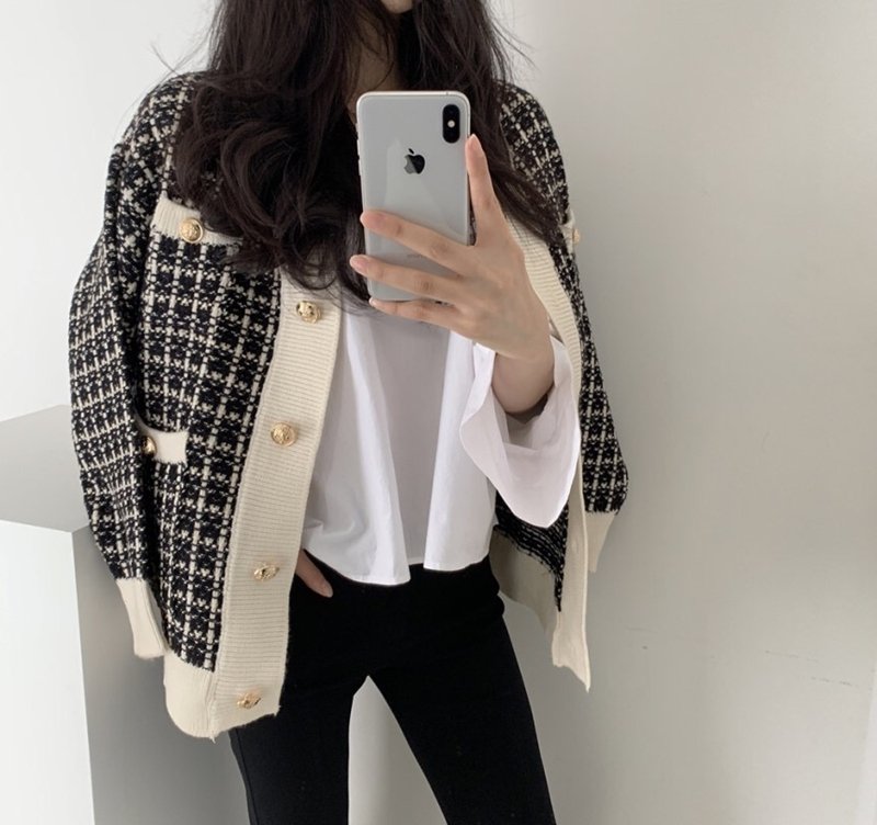 Vapetix Average code-Average code Korean chic versatile simple style contrast color single breasted checked sweater cardigan long sle – Bild 5