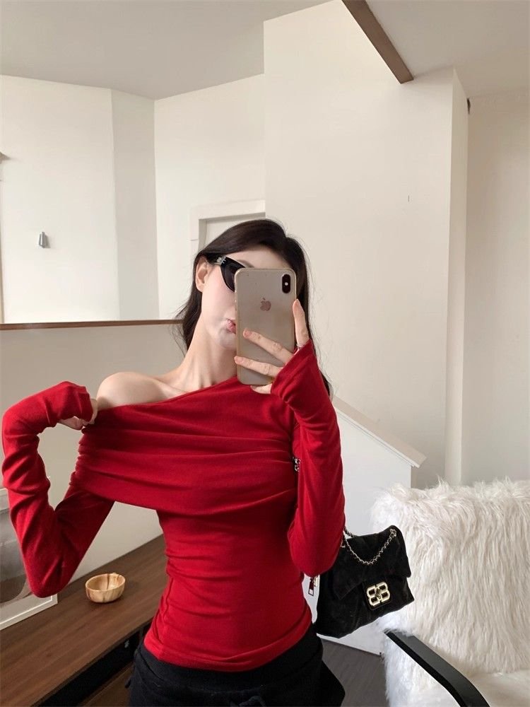 Vapetix S-XL Ankorah Red Slanted Collar Off-the-Shoulder Base Shirt for Women, 2025 Autumn Christmas New Year Ni – Bild 4