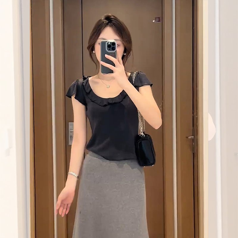 Vapetix S-XL MR【Original Quality】French Style Elegant Gray Ruffled Blouse Short Sleeve T-shirt Women's Summer De - 图片 3