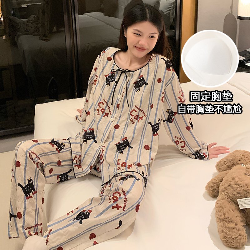 Vapetix M-XXL Women's Autumn New Printed Cloud Cotton Crew Neck Short Sleeve Short Shorts Home Set with Fixed Bre