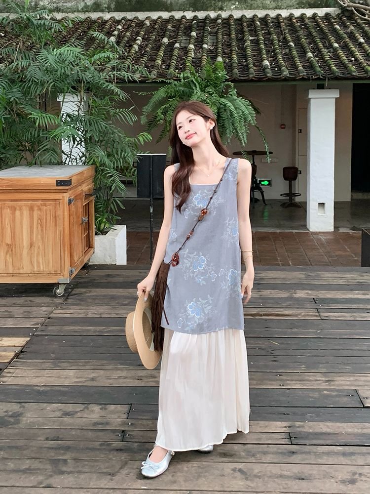 Vapetix S-2XL French satin printed spliced vest dress for women 2025 summer new retro design chic long skirt - 图片 3