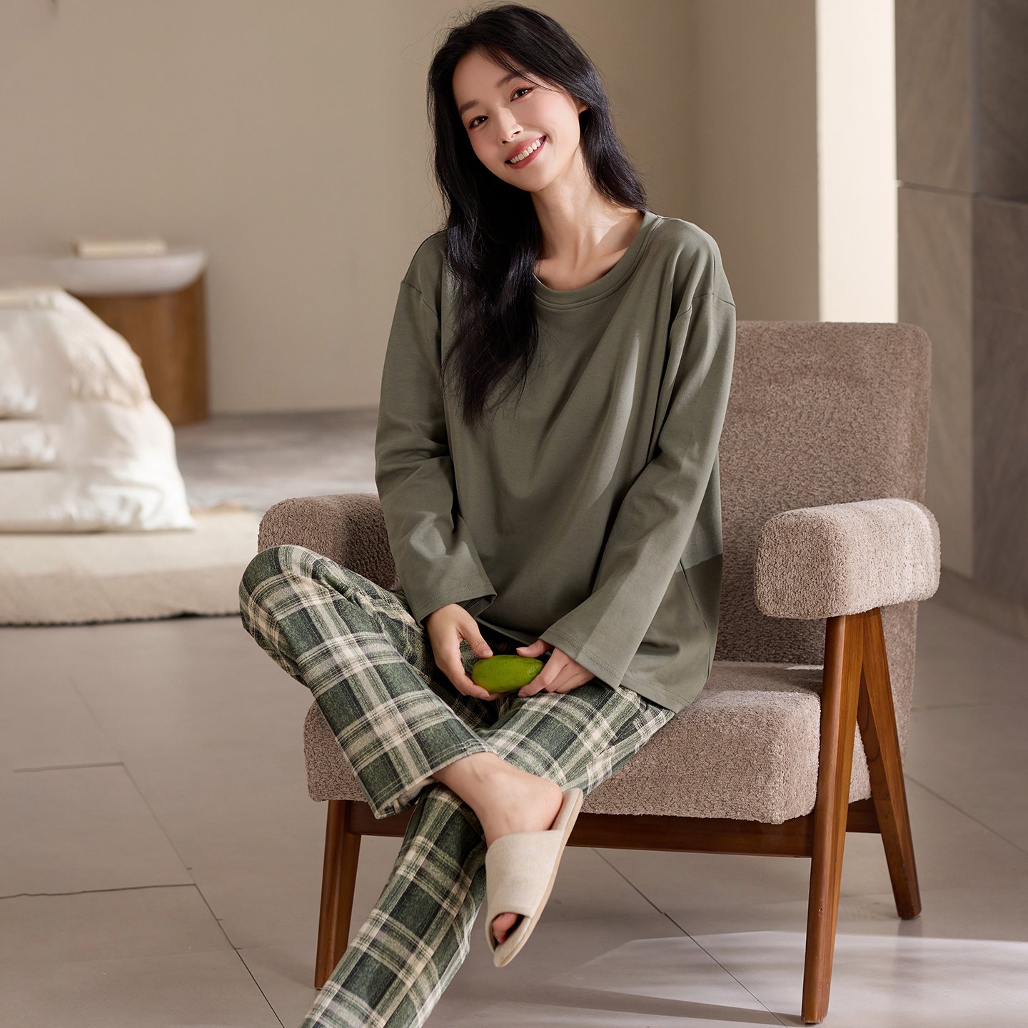 Vapetix M-XXL Qiao Mengran 2025 Autumn Cotton Crew Neck Long Sleeve Long Pants Nightgown Set for Women Casual Com – Bild 2