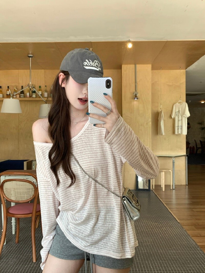 Vapetix S-XL Actual shot~ Gentle lazy off-shoulder striped long-sleeved T-shirt for women, summer loose off-shou – Bild 3