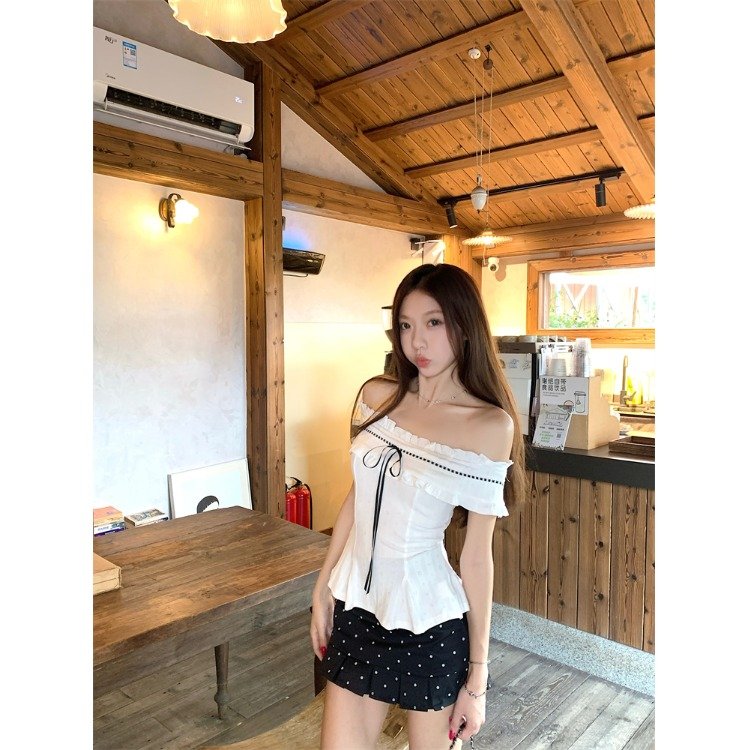 Vapetix S-XL MR【Original Embroidered Fabric】Pure Desire Style Design White One-Shoulder Short-Sleeve T-Shirt for - 图片 3