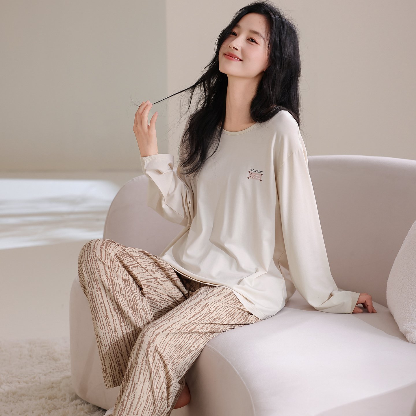 Vapetix M-XXL Qiao Mengran 2025 Autumn Cotton Crew Neck Long Sleeve Long Pants Pajama Set for Women Casual Comfor – Bild 3