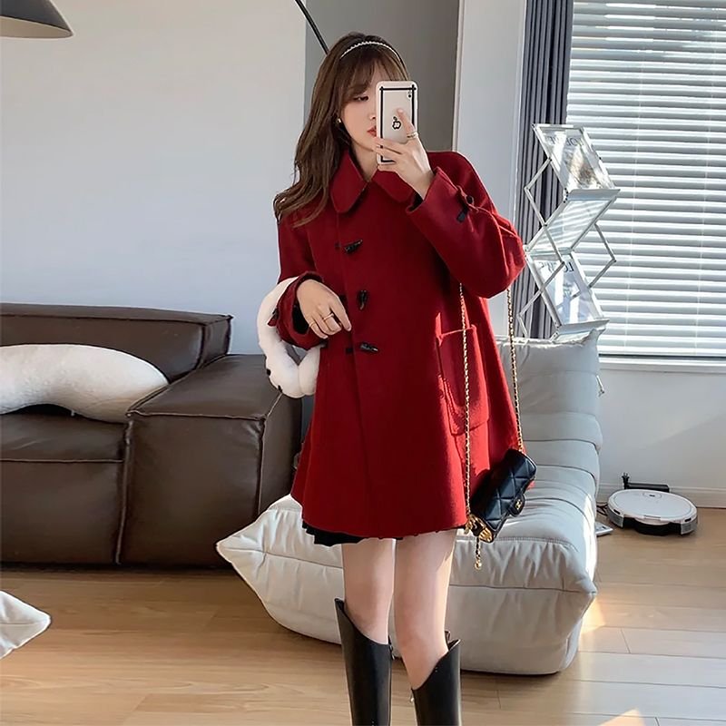 Vapetix S-2XL Women's Red Wool Coat 2025 Autumn/Winter New Korean Style Slimming Shorty Cow Bone Button Wool Coat