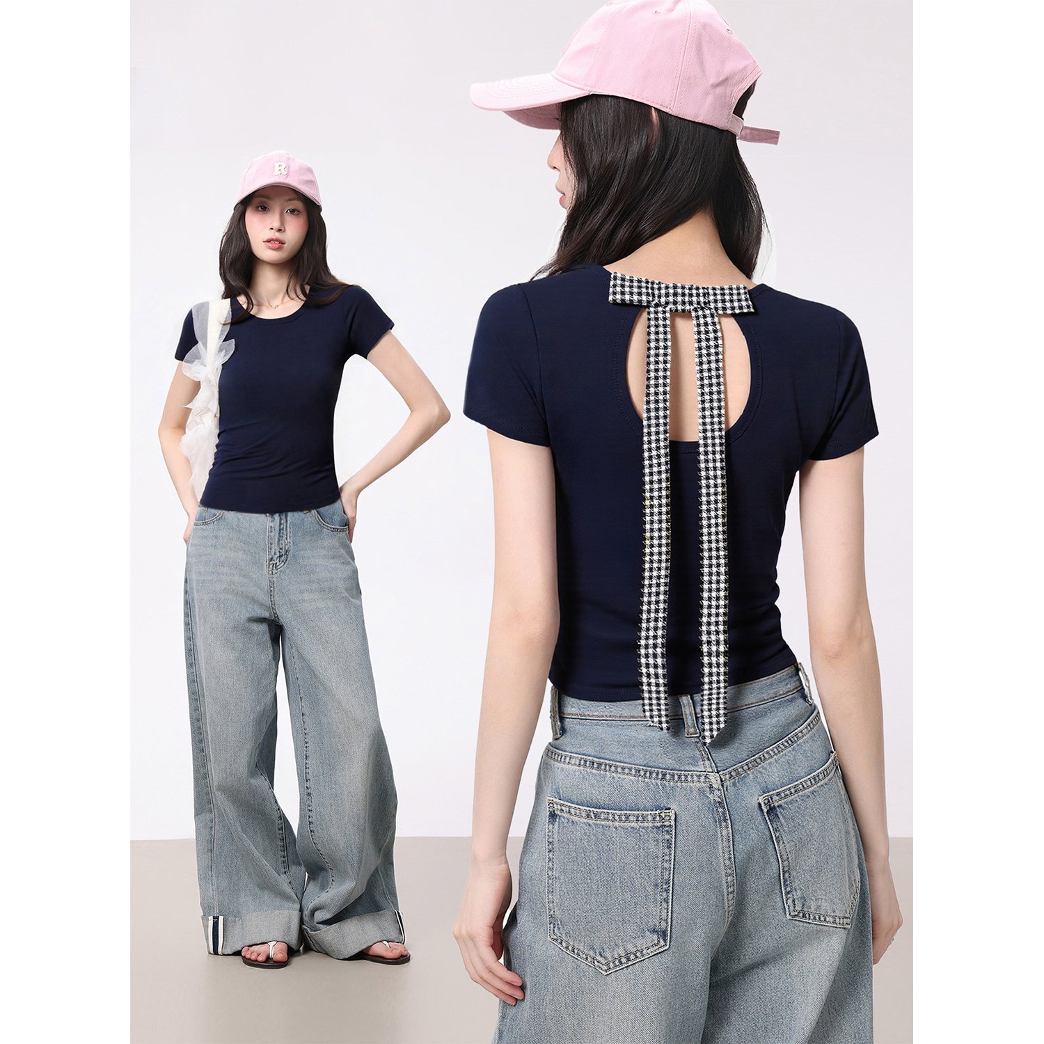 Vapetix S-XL Women's Summer Design Fitted Crew Neck Short Sleeve T-shirt with Invisible Back Split and Slimming - 图片 5