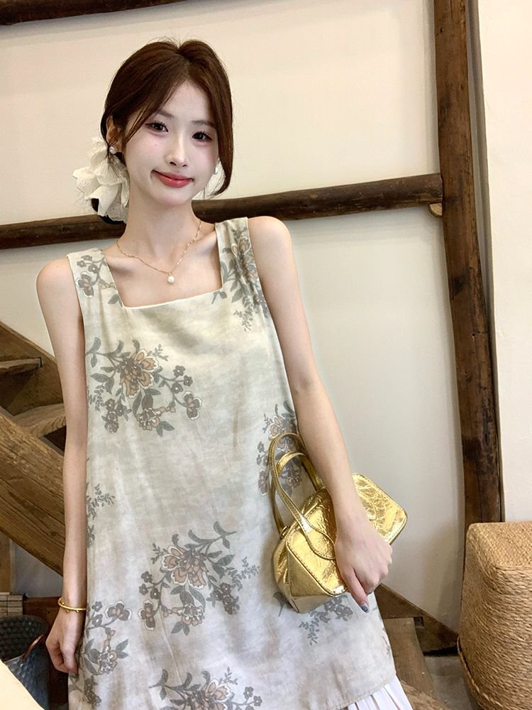 Vapetix S-2XL French satin printed spliced vest dress for women 2025 summer new retro design chic long skirt - 图片 4