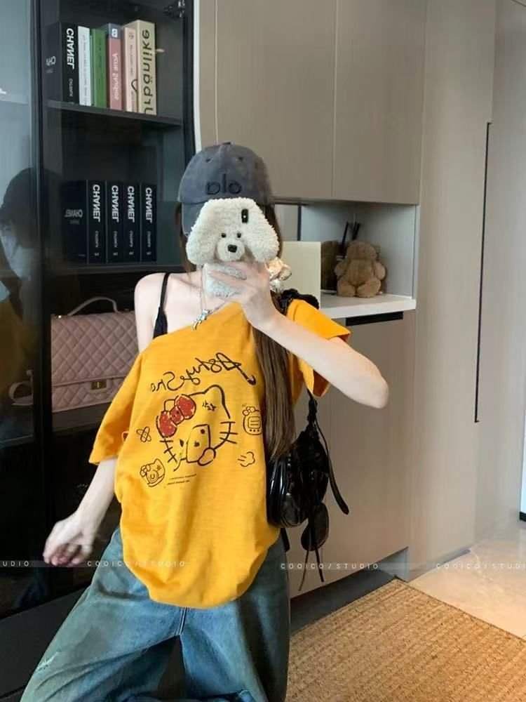 Vapetix S-XL Women's Summer T-Shirt with Cartoon Print, Off-Shoulder Short Sleeve, 92% Cotton 8% Spandex – Bild 4