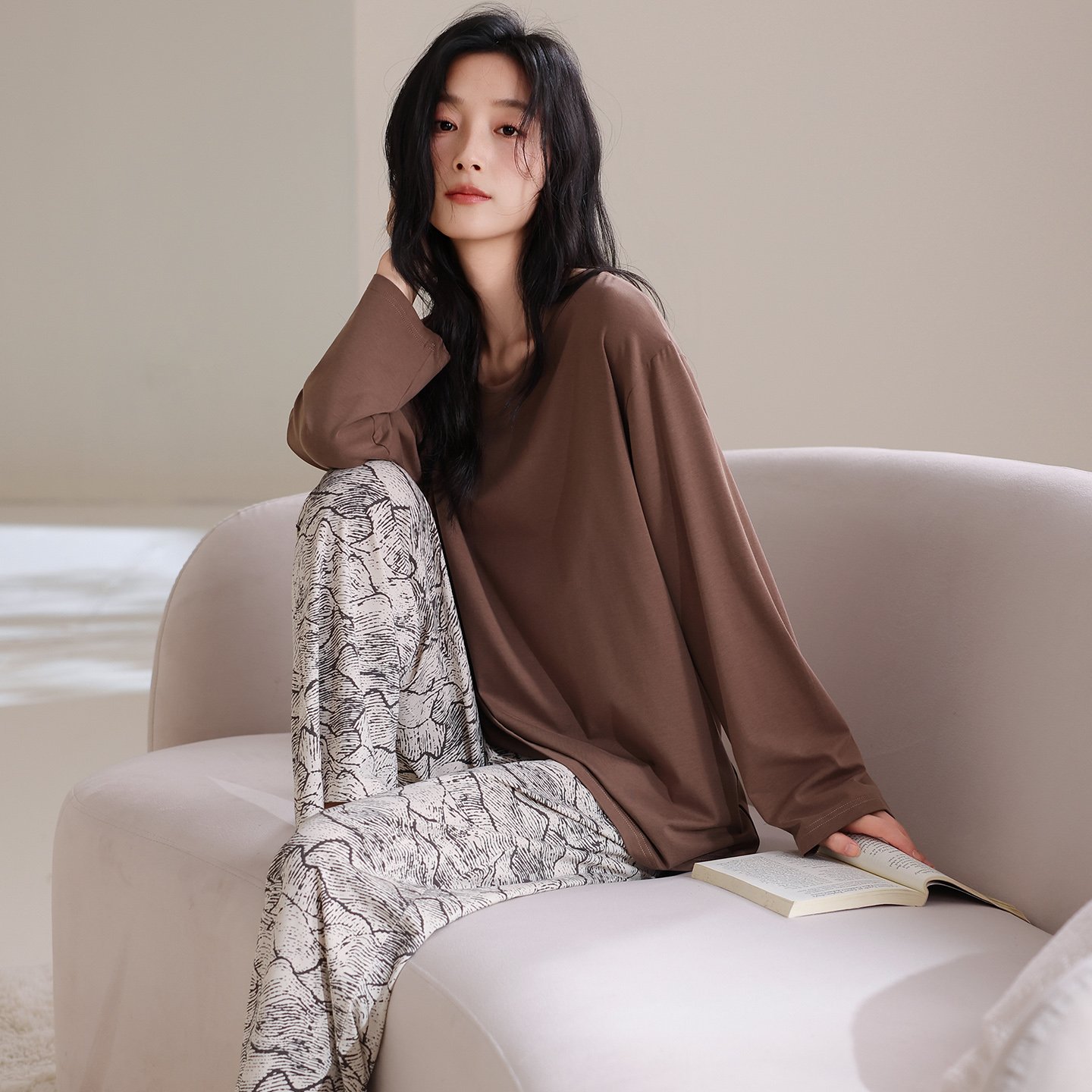 Vapetix M-XXL Qiao Mengran 2025 Autumn Cotton Crew Neck Long Sleeve Long Pants Pajama Set for Women Casual Comfor – Bild 4