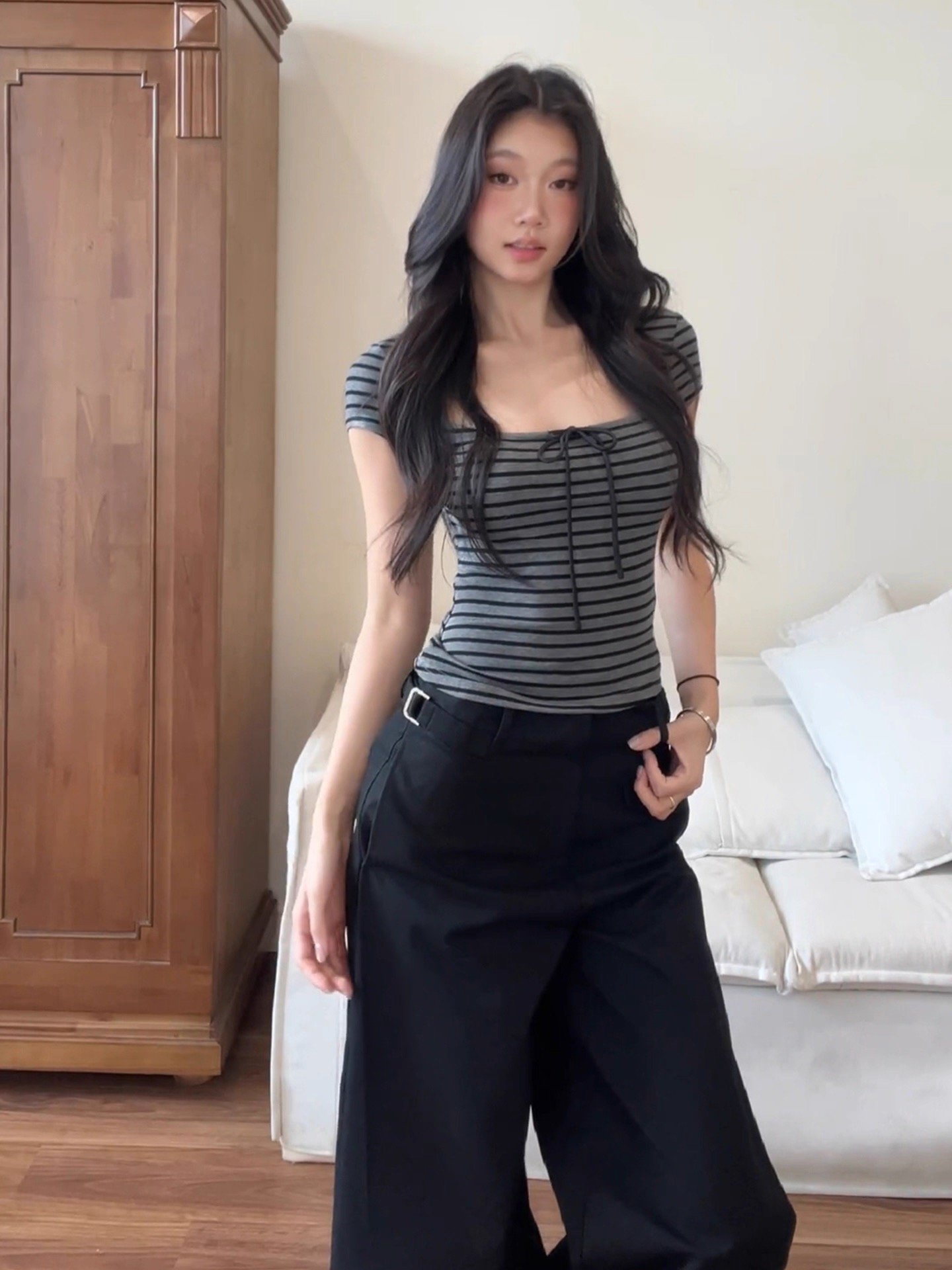 Vapetix S-L Guangzhou Fabric 1x1 Cotton Ribbed Korean Style U-Neck Button Striped Straight Shoulder Short Sleev – Bild 2