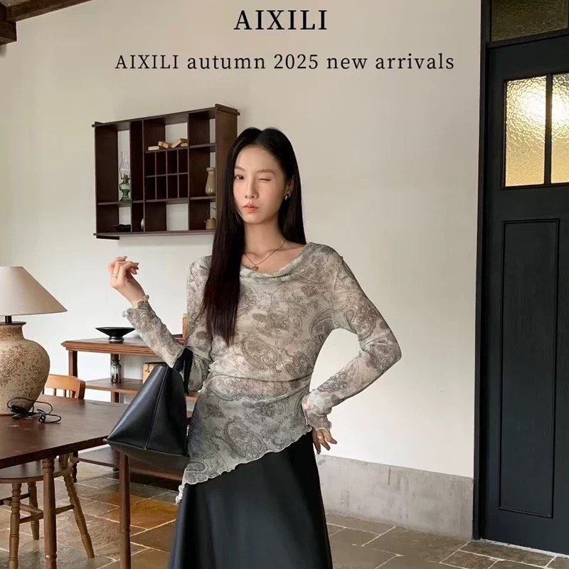 Vapetix Free Size-Free Size Aisili Home 2025 Autumn New Chic Gradient Pile-Neck Ruffled Lace Long-Sleeve T-Shirt for Women – De – Bild 3