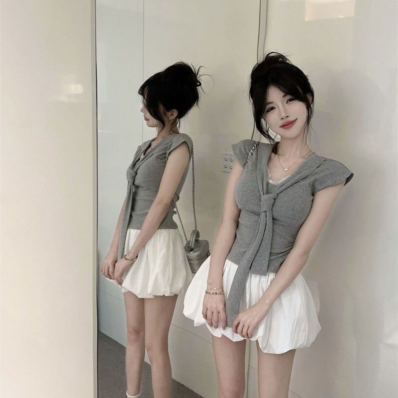 Vapetix S-XL MR Cozy Cotton Korean Style T-shirt Lace Short Sleeve Ribbon Pleated T-shirt Women's Summer Design – Bild 2